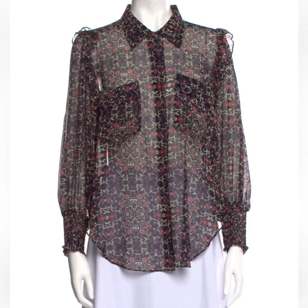MISA LOS ANGELES SHEER RUFFLE BLOUSE SIZE S